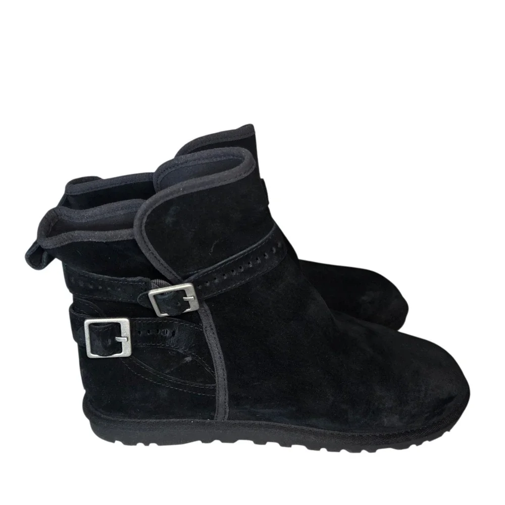 UGG Australia Leni Womens US 9 Black Suede Leather Buckle Ankle Booties NWOT